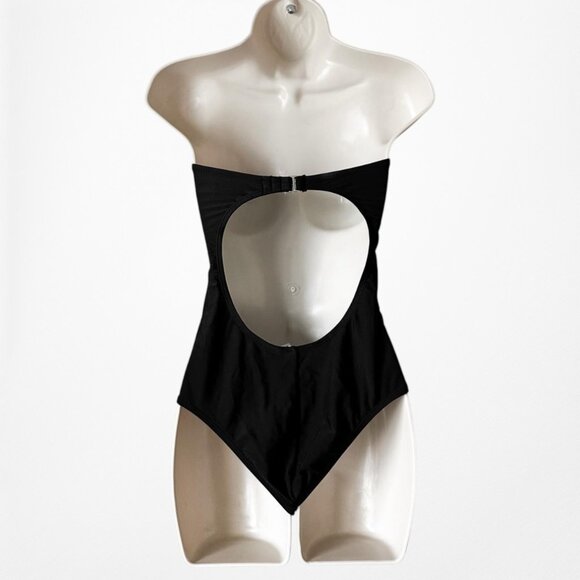 Black Strapless Lace Up Detail One Piece Bathing Swimsuit Size S/M - Picture 9 of 9